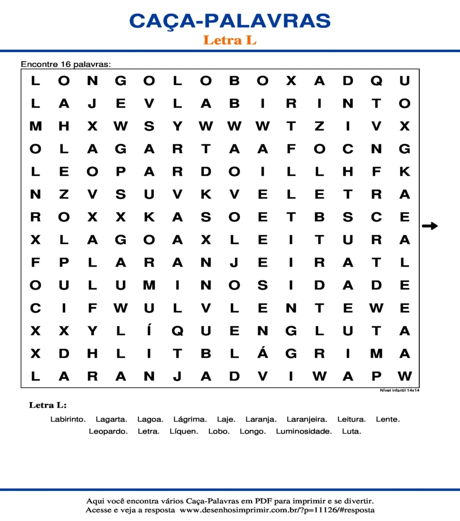 Letra L Nível Infantil 14x14 caça palavras Caça Palavras da Letra L Nível Infantil 14x14 para imprimir