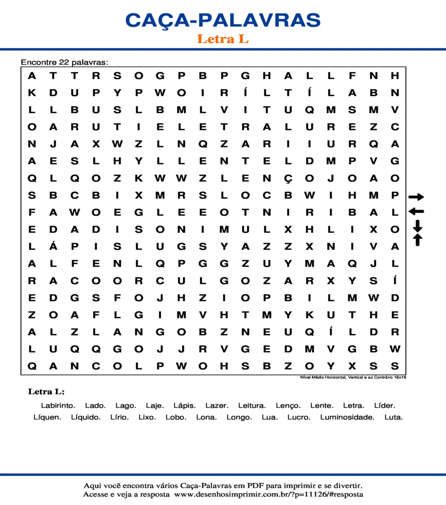 Letra L Nível Médio Horizontal, Vertical e ao Contrário 18x18 caça palavras Caça Palavras da Letra L Nível Médio Horizontal, Vertical e ao Contrário 18x18 para imprimir