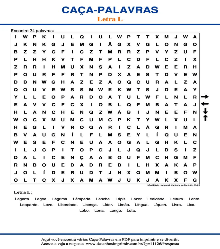 Letra L Nível Médio Horizontal, Vertical e ao Contrário 20x20 caça palavras Caça Palavras da Letra L Nível Médio Horizontal, Vertical e ao Contrário 20x20 para imprimir