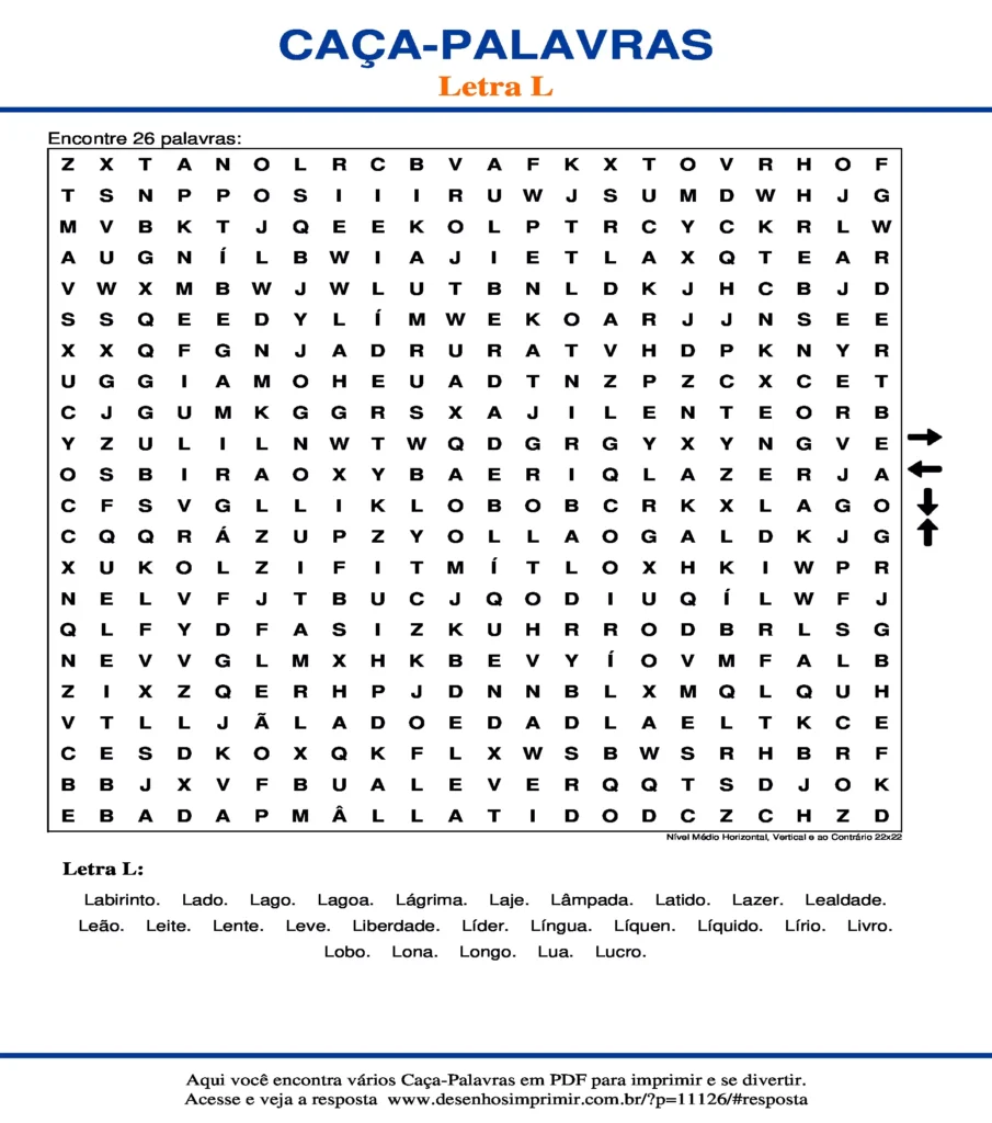 Letra L Nível Médio Horizontal, Vertical e ao Contrário 22x22 caça palavras Caça Palavras da Letra L Nível Médio Horizontal, Vertical e ao Contrário 22x22 para imprimir