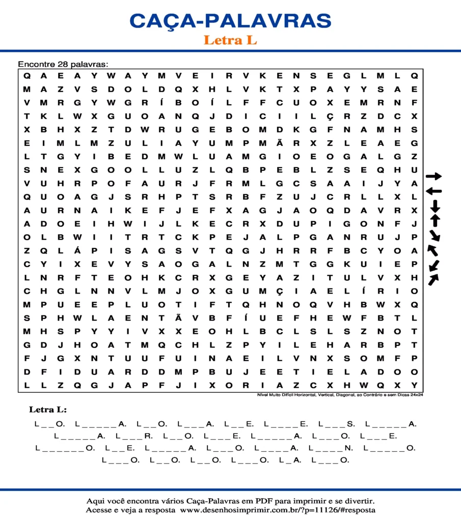 Letra L Nível Muito Difícil Horizontal, Vertical, Diagonal, ao Contrário e sem Dicas 24x24 caça palavras Caça Palavras da Letra L Nível Muito Difícil Horizontal, Vertical, Diagonal, ao Contrário e sem Dicas 24x24 para imprimir