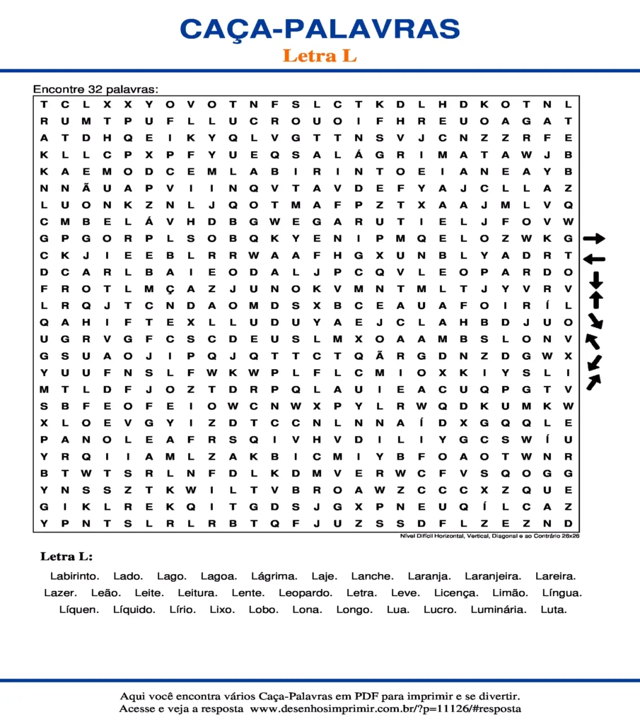 Letra L Nível Difícil Horizontal, Vertical, Diagonal e ao Contrário 26x26 caça palavras Caça Palavras da Letra L Nível Difícil Horizontal, Vertical, Diagonal e ao Contrário 26x26 para imprimir