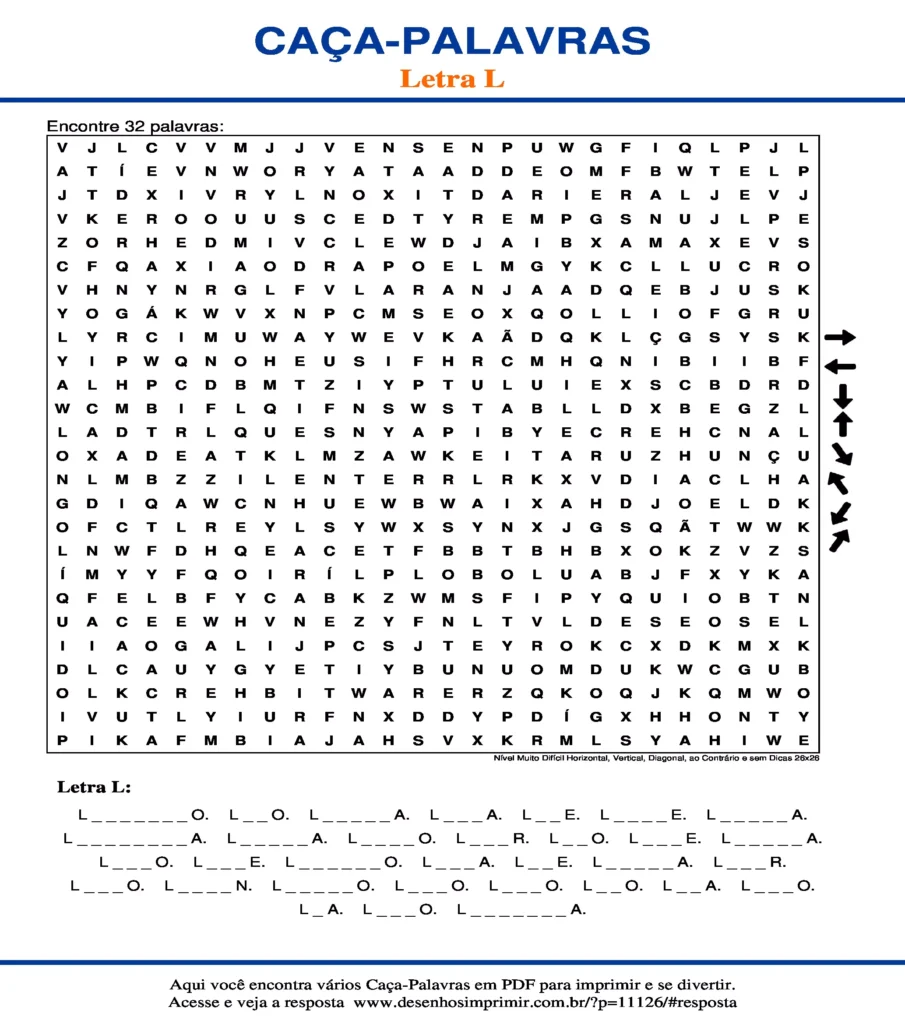Letra L Nível Muito Difícil Horizontal, Vertical, Diagonal, ao Contrário e sem Dicas 26x26 caça palavras Caça Palavras da Letra L Nível Muito Difícil Horizontal, Vertical, Diagonal, ao Contrário e sem Dicas 26x26 para imprimir