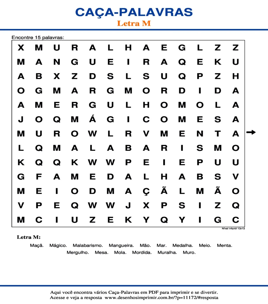 Letra M Nível Infantil 13x13 caça palavras Caça Palavras da Letra M Nível Infantil 13x13 para imprimir