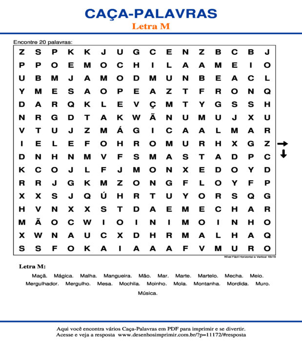 Caça Palavras da Letra M Nível Fácil Horizontal e Vertical 16x16 para imprimir