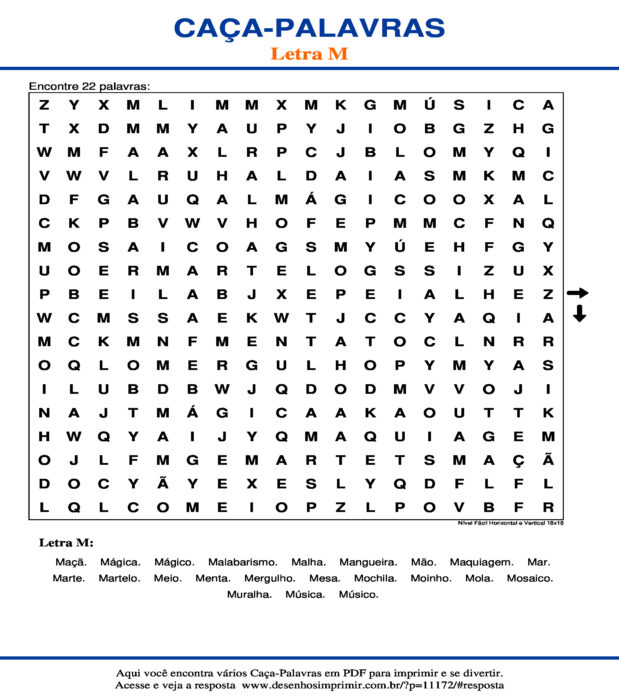 Caça Palavras da Letra M Nível Fácil Horizontal e Vertical 18x18 para imprimir