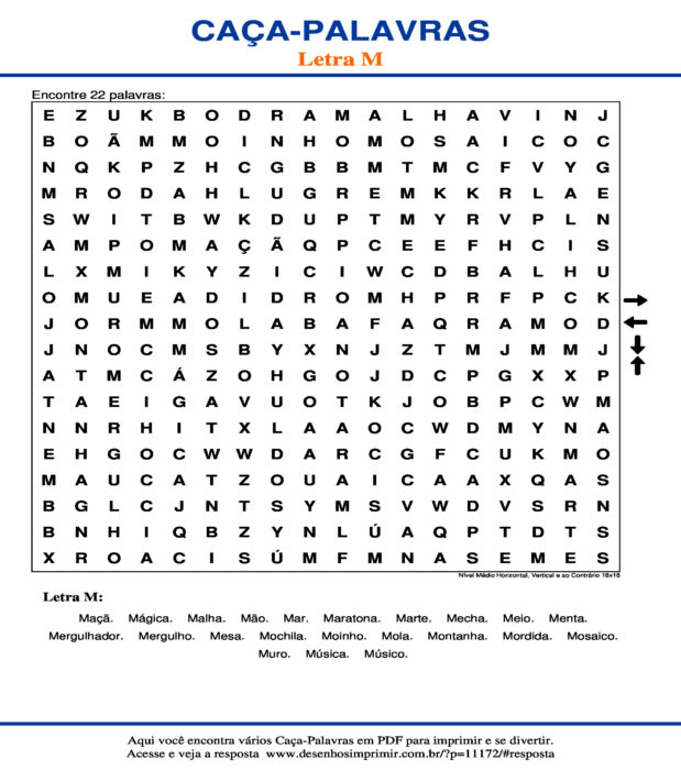 Caça Palavras da Letra M Nível Médio Horizontal, Vertical e ao Contrário 18x18 para imprimir