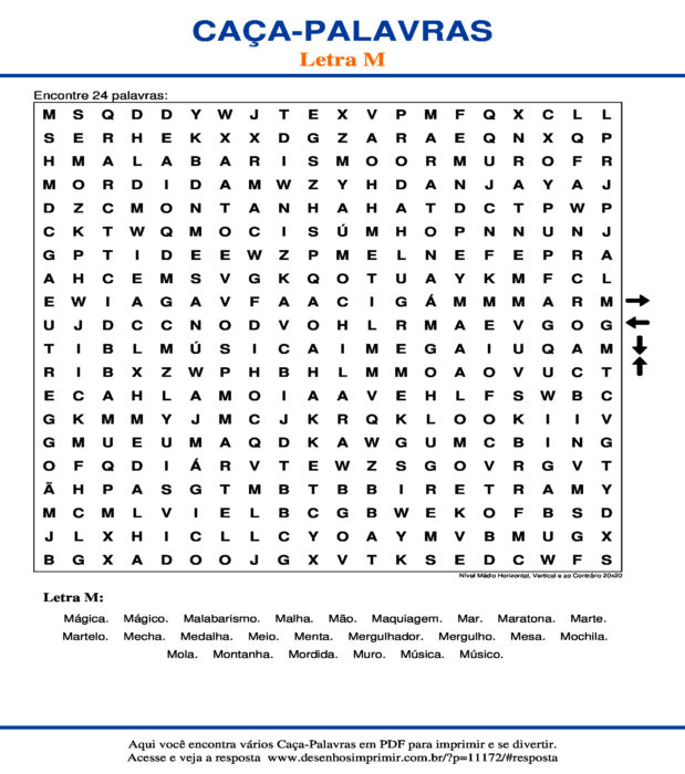 Caça Palavras da Letra M Nível Médio Horizontal, Vertical e ao Contrário 20x20 para imprimir