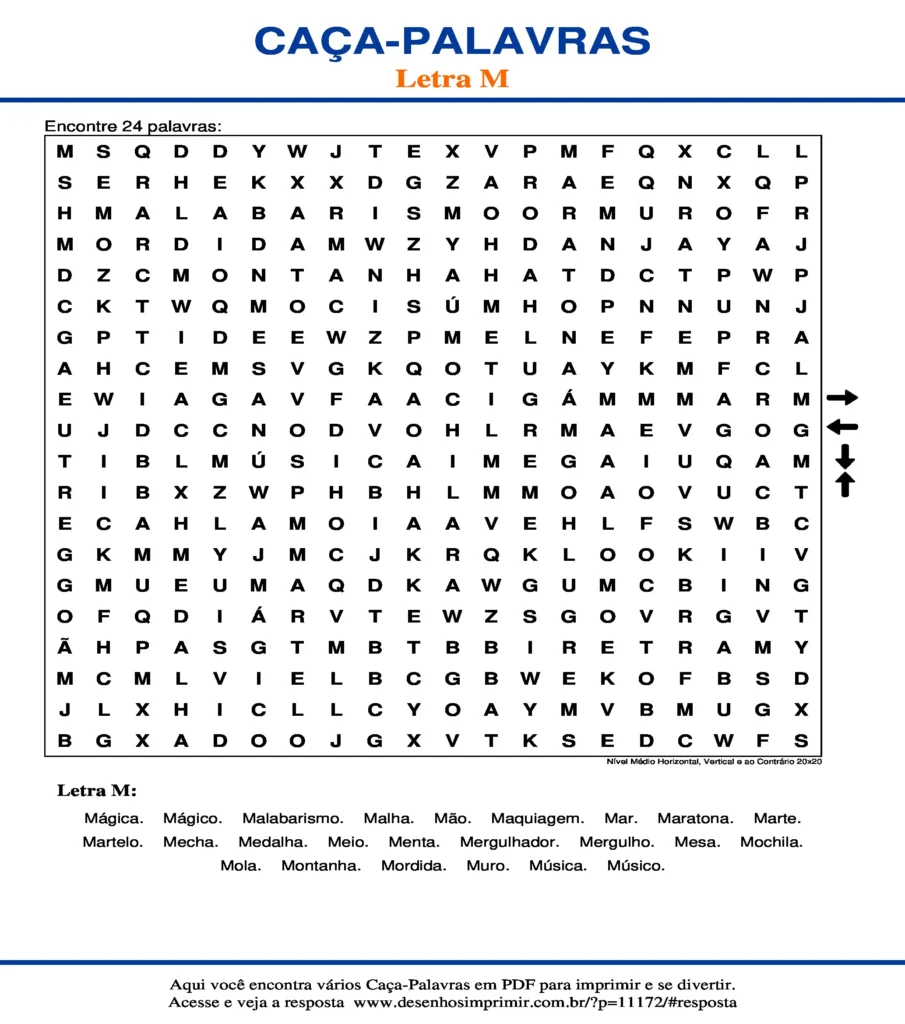 Letra M Nível Médio Horizontal, Vertical e ao Contrário 20x20 caça palavras Caça Palavras da Letra M Nível Médio Horizontal, Vertical e ao Contrário 20x20 para imprimir