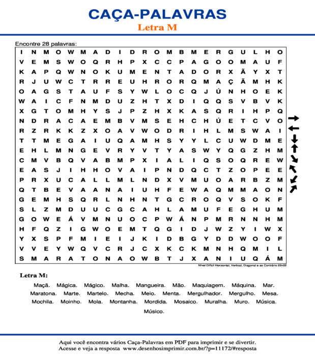 Caça Palavras da Letra M Nível Difícil Horizontal, Vertical, Diagonal e ao Contrário 22x22 para imprimir