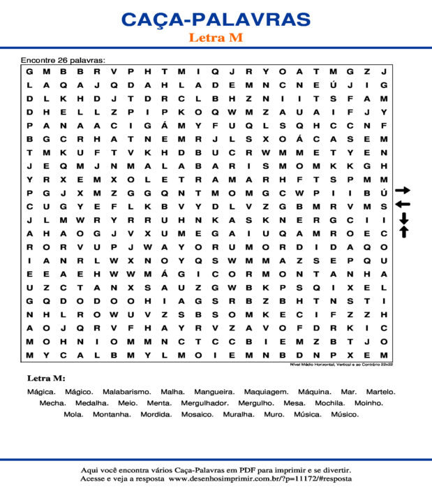 Caça Palavras da Letra M Nível Médio Horizontal, Vertical e ao Contrário 22x22 para imprimir