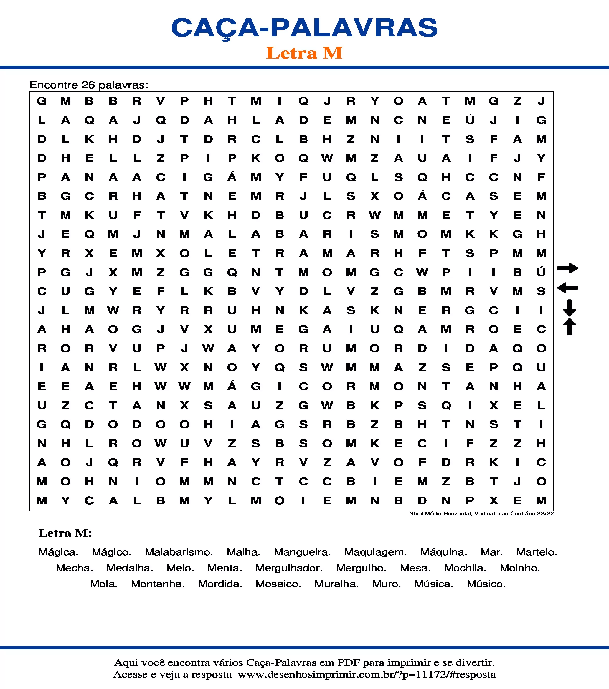 Caça Palavras Nível Médio Horizontal, Vertical e ao Contrário 22x22