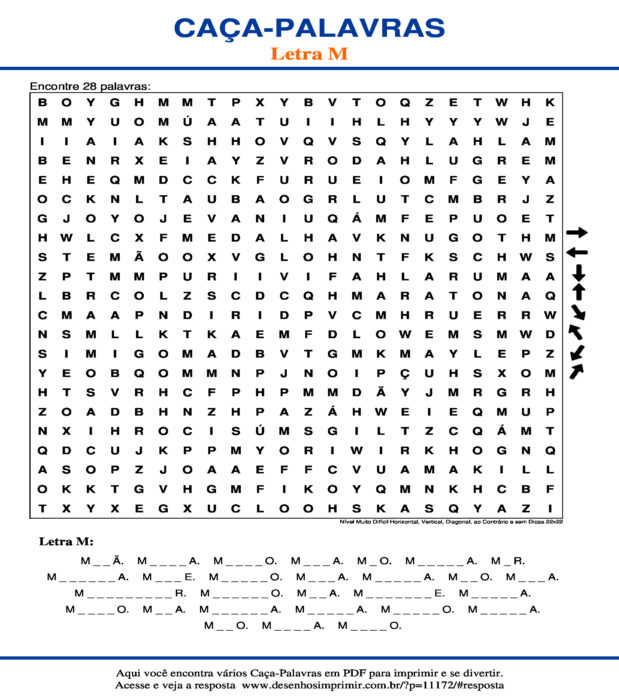 Caça Palavras da Letra M Nível Muito Difícil Horizontal, Vertical, Diagonal, ao Contrário e sem Dicas 22x22 para imprimir