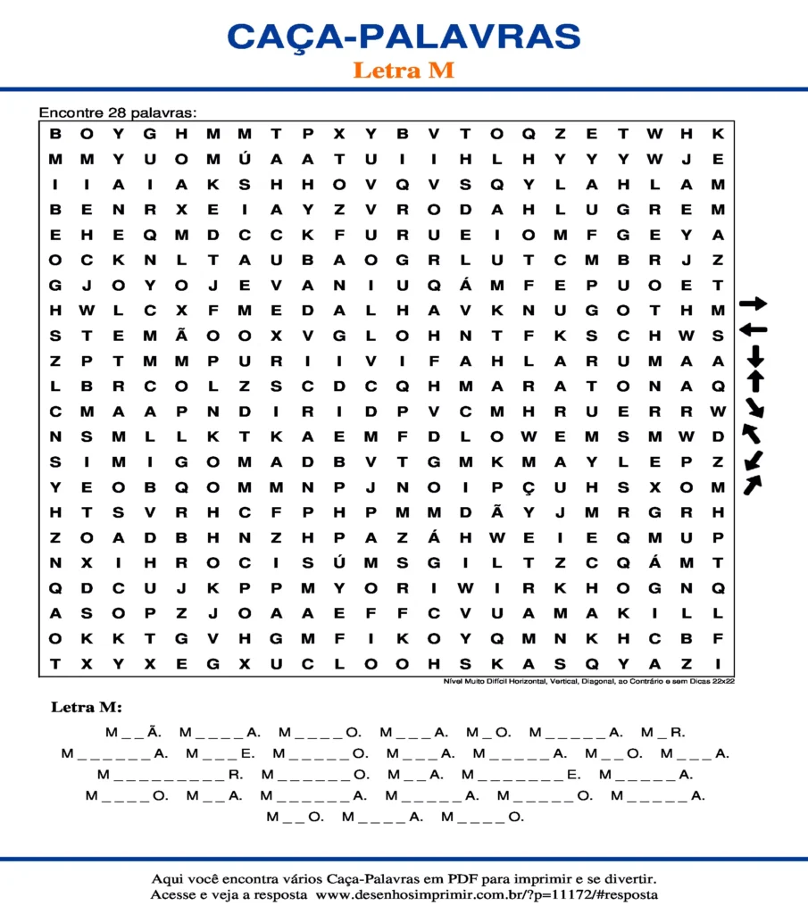 Letra M Nível Muito Difícil Horizontal, Vertical, Diagonal, ao Contrário e sem Dicas 22x22 caça palavras Caça Palavras da Letra M Nível Muito Difícil Horizontal, Vertical, Diagonal, ao Contrário e sem Dicas 22x22 para imprimir