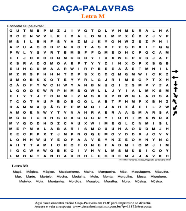 Caça Palavras da Letra M Nível Difícil Horizontal, Vertical, Diagonal e ao Contrário 24x24 para imprimir