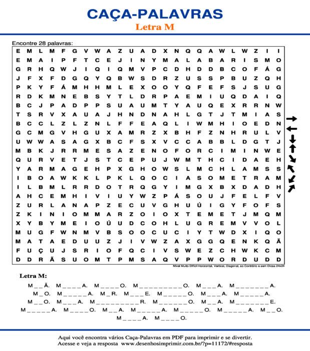 Caça Palavras da Letra M Nível Muito Difícil Horizontal, Vertical, Diagonal, ao Contrário e sem Dicas 24x24 para imprimir
