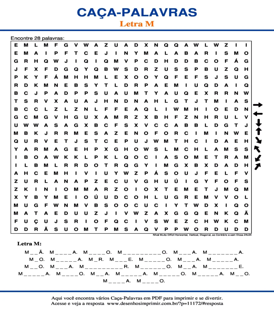 Letra M Nível Muito Difícil Horizontal, Vertical, Diagonal, ao Contrário e sem Dicas 24x24 caça palavras Caça Palavras da Letra M Nível Muito Difícil Horizontal, Vertical, Diagonal, ao Contrário e sem Dicas 24x24 para imprimir