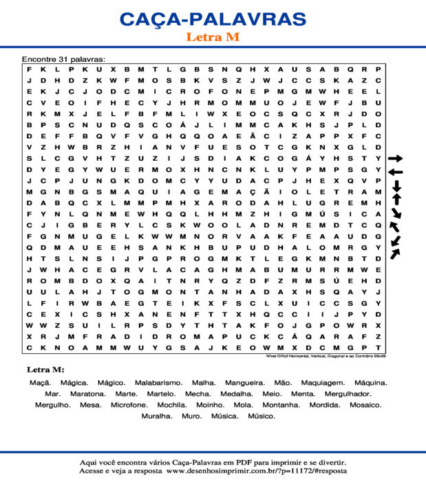 Caça Palavras da Letra M Nível Difícil Horizontal, Vertical, Diagonal e ao Contrário 26x26 para imprimir