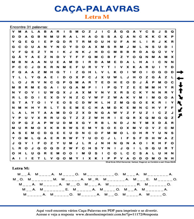 Caça Palavras da Letra M Nível Muito Difícil Horizontal, Vertical, Diagonal, ao Contrário e sem Dicas 26x26 para imprimir