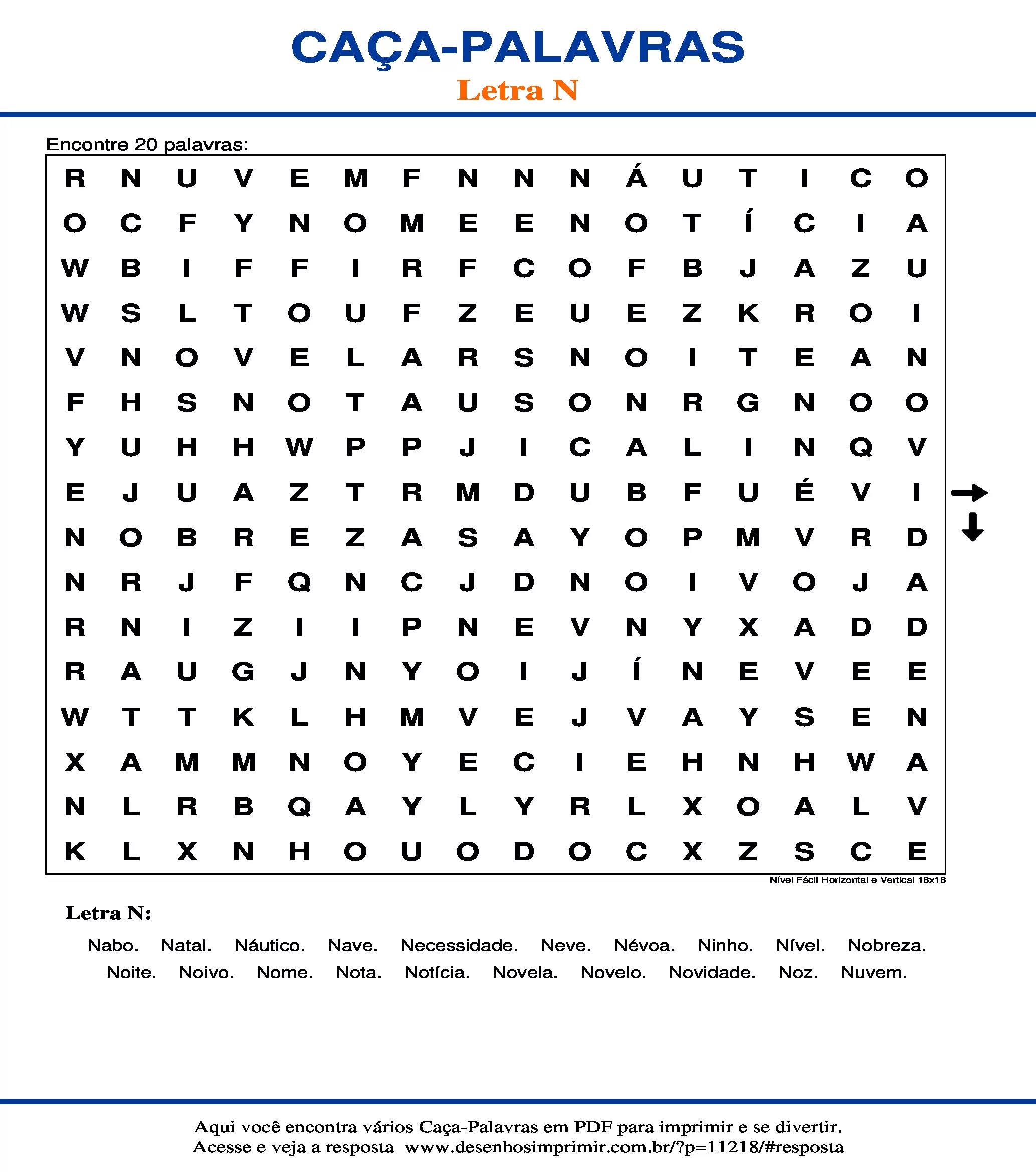Caça Palavras Nível Fácil Horizontal e Vertical 16x16