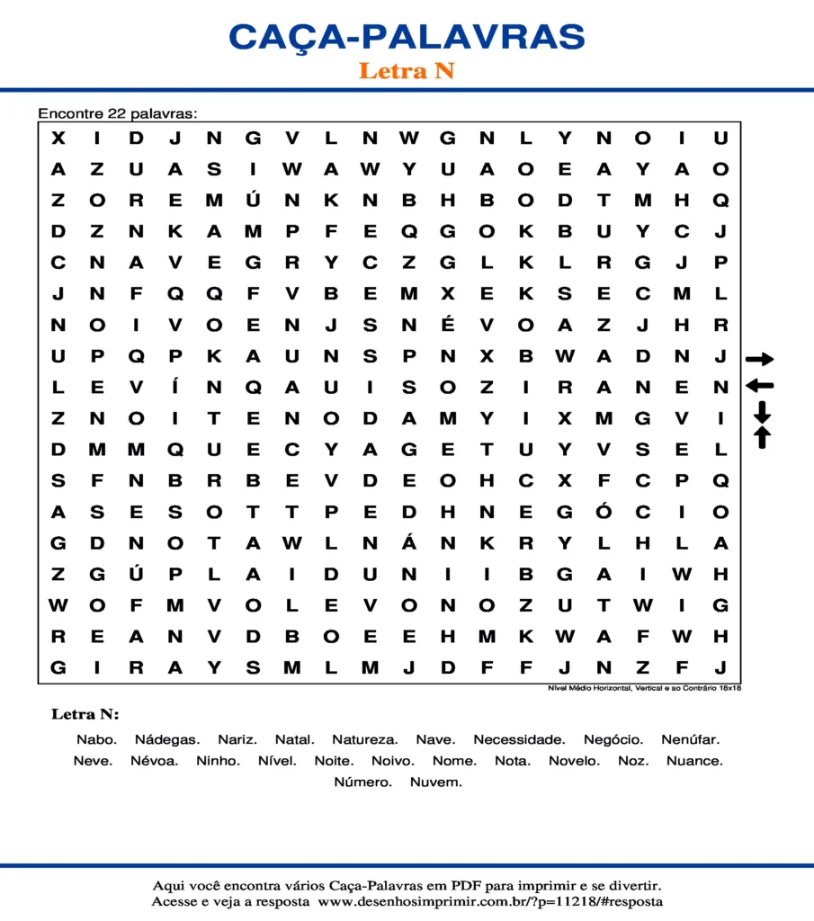 Letra N Nível Médio Horizontal, Vertical e ao Contrário 18x18 caça palavras Caça Palavras da Letra N Nível Médio Horizontal, Vertical e ao Contrário 18x18 para imprimir