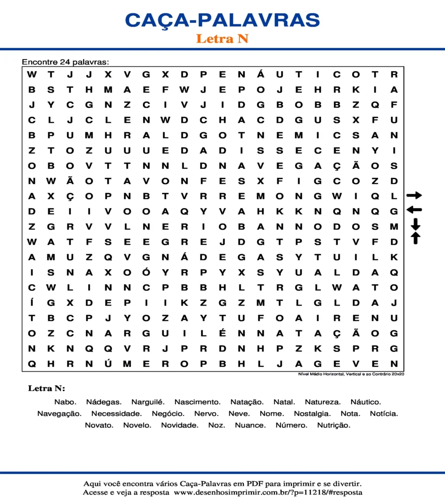Letra N Nível Médio Horizontal, Vertical e ao Contrário 20x20 caça palavras Caça Palavras da Letra N Nível Médio Horizontal, Vertical e ao Contrário 20x20 para imprimir