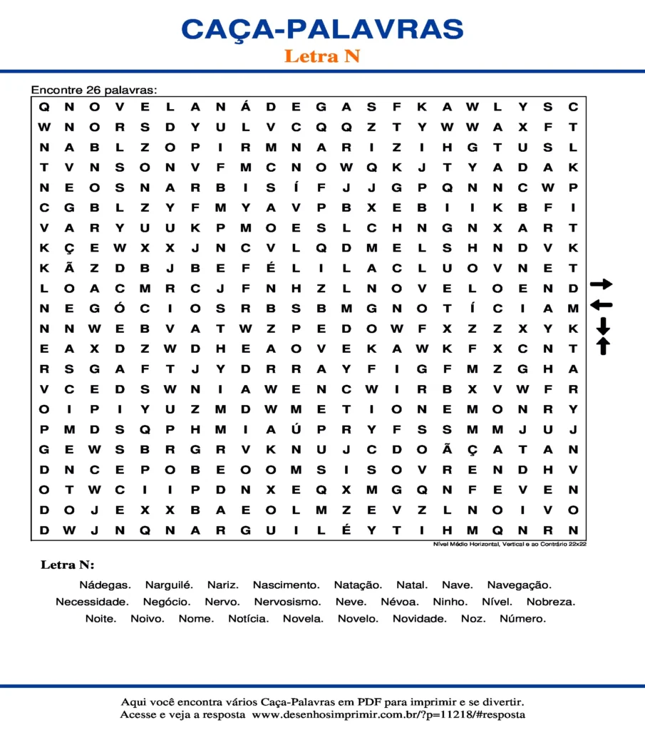 Letra N Nível Médio Horizontal, Vertical e ao Contrário 22x22 caça palavras Caça Palavras da Letra N Nível Médio Horizontal, Vertical e ao Contrário 22x22 para imprimir