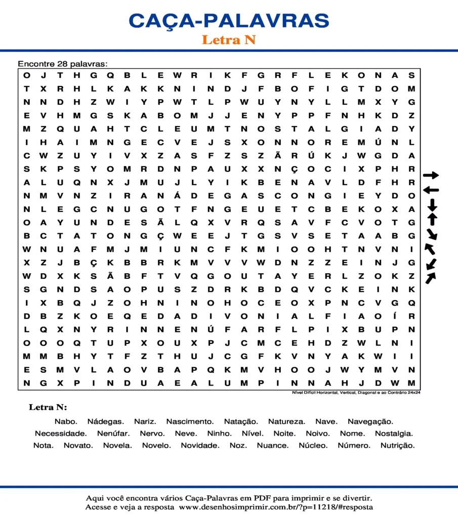 Letra N Nível Difícil Horizontal, Vertical, Diagonal e ao Contrário 24x24 caça palavras Caça Palavras da Letra N Nível Difícil Horizontal, Vertical, Diagonal e ao Contrário 24x24 para imprimir