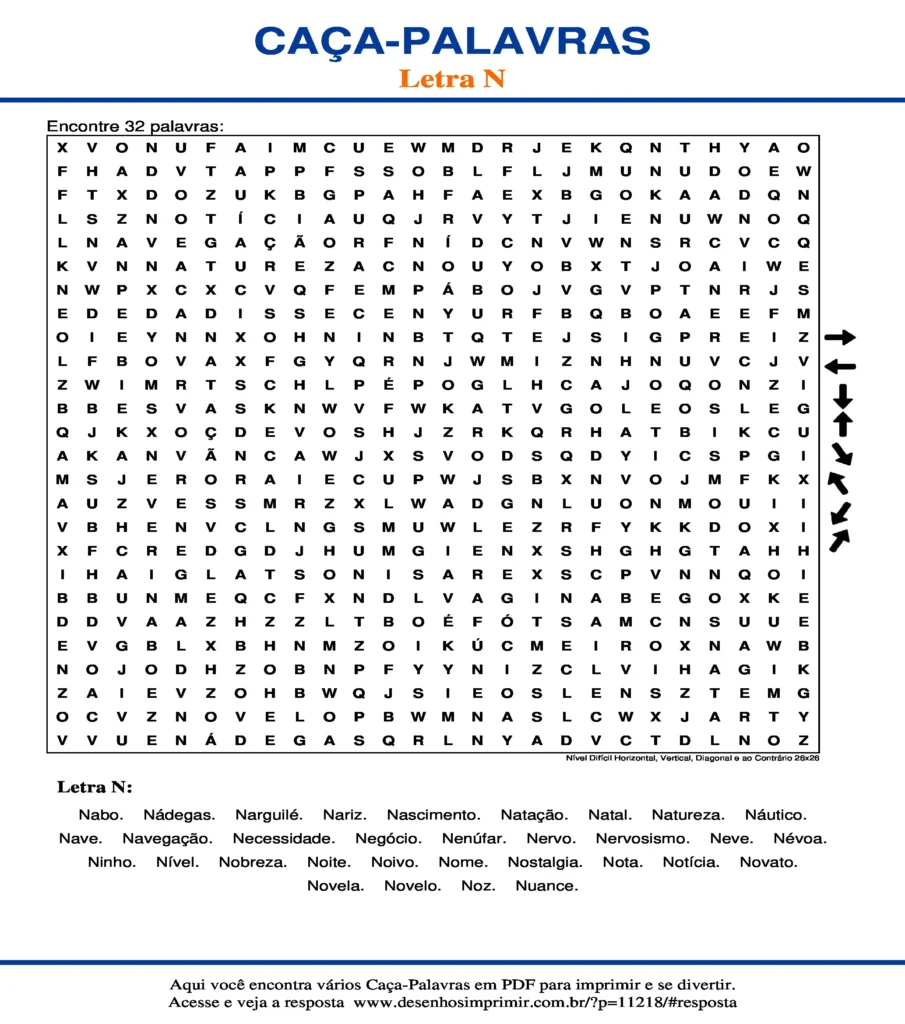 Letra N Nível Difícil Horizontal, Vertical, Diagonal e ao Contrário 26x26 caça palavras Caça Palavras da Letra N Nível Difícil Horizontal, Vertical, Diagonal e ao Contrário 26x26 para imprimir