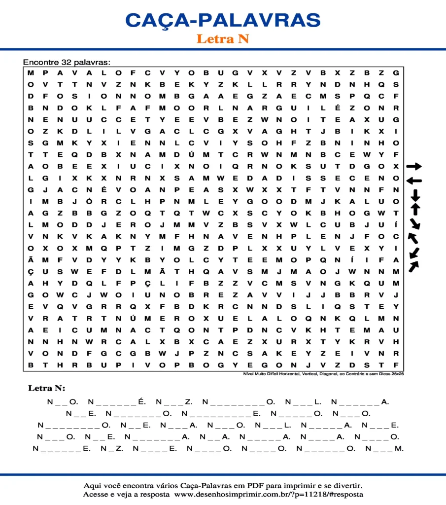 Letra N Nível Muito Difícil Horizontal, Vertical, Diagonal, ao Contrário e sem Dicas 26x26 caça palavras Caça Palavras da Letra N Nível Muito Difícil Horizontal, Vertical, Diagonal, ao Contrário e sem Dicas 26x26 para imprimir