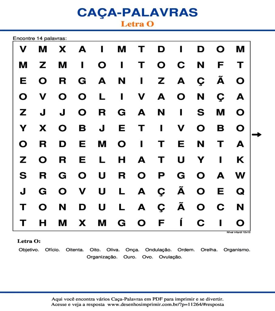 Letra Nível Infantil 12x12 caça palavras Caça Palavras da Letra Nível Infantil 12x12 O para imprimir