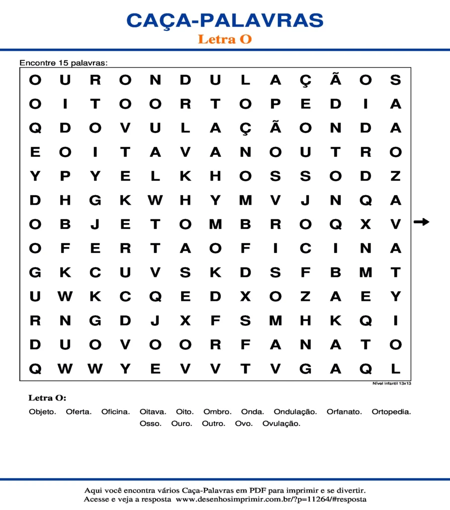 Letra Nível Infantil 13x13 caça palavras Caça Palavras da Letra Nível Infantil 13x13 O para imprimir
