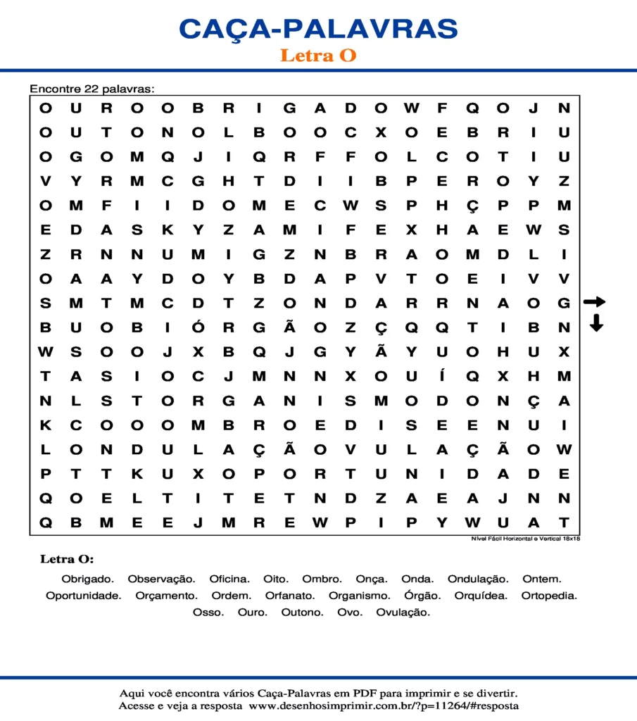 Letra Nível Fácil Horizontal e Vertical 18x18 caça palavras Caça Palavras da Letra Nível Fácil Horizontal e Vertical 18x18 O para imprimir