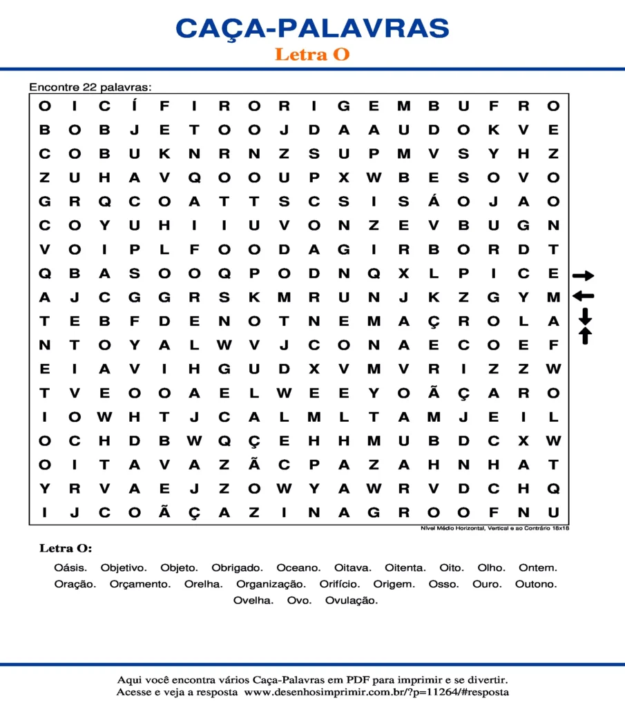Letra Nível Médio Horizontal, Vertical e ao Contrário 18x18 caça palavras Caça Palavras da Letra Nível Médio Horizontal, Vertical e ao Contrário 18x18 O para imprimir