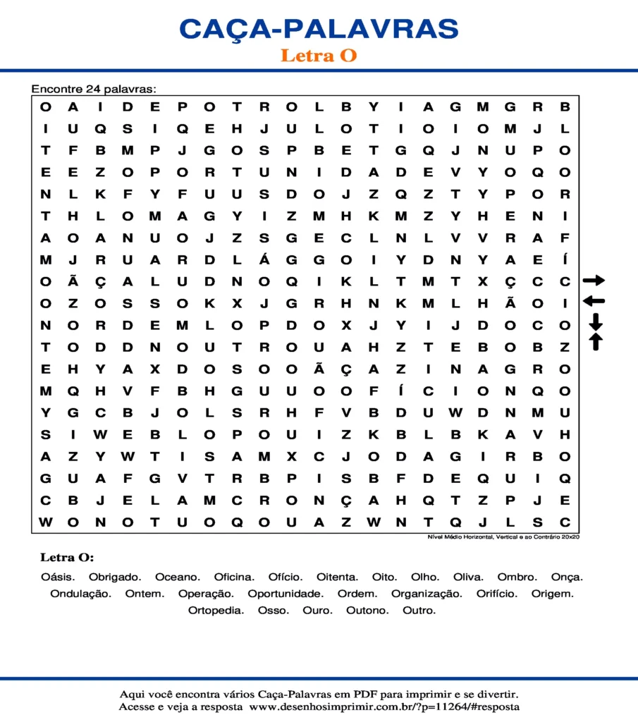 Letra Nível Médio Horizontal, Vertical e ao Contrário 20x20 caça palavras Caça Palavras da Letra Nível Médio Horizontal, Vertical e ao Contrário 20x20 O para imprimir