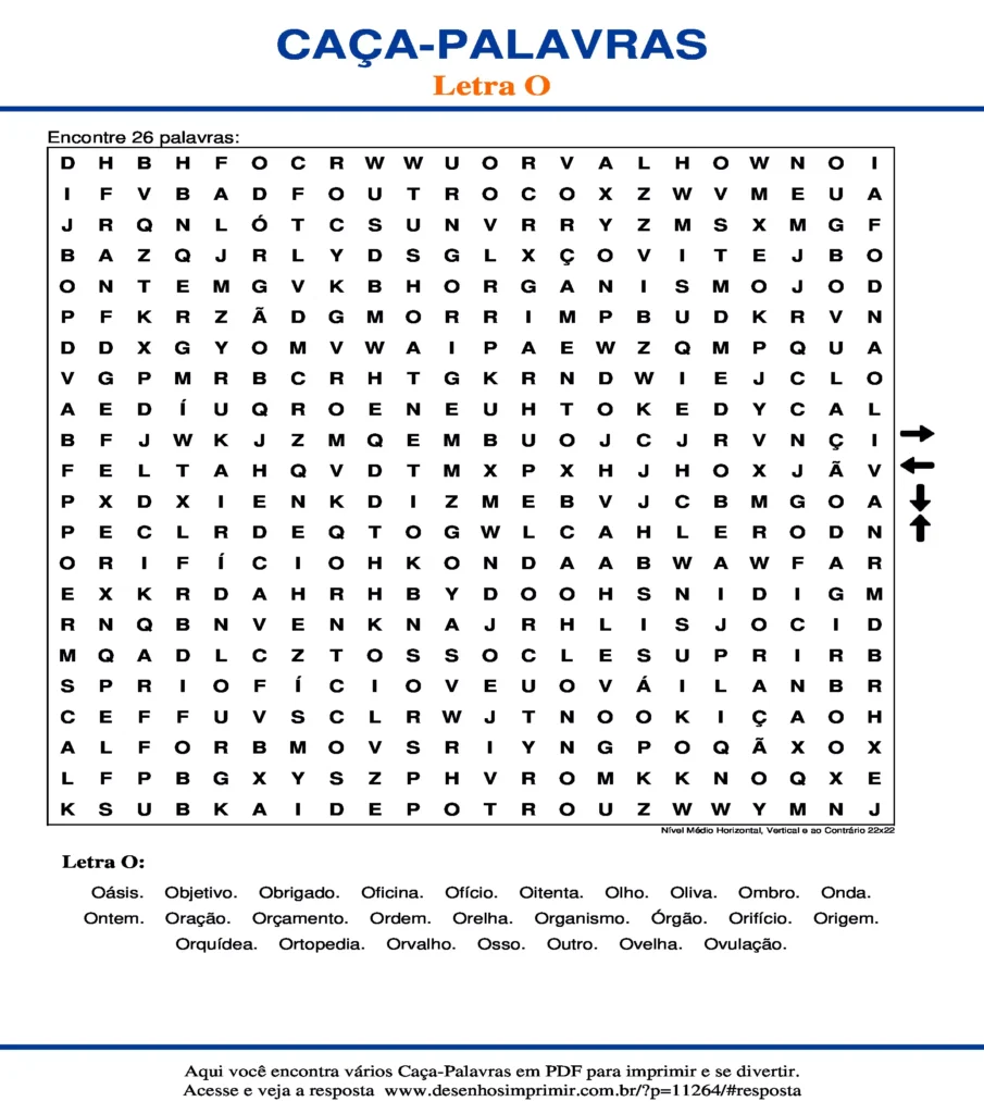 Letra Nível Médio Horizontal, Vertical e ao Contrário 22x22 caça palavras Caça Palavras da Letra Nível Médio Horizontal, Vertical e ao Contrário 22x22 O para imprimir