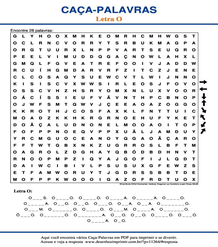 Letra Nível Muito Difícil Horizontal, Vertical, Diagonal, ao Contrário e sem Dicas 22x22 caça palavras Caça Palavras da Letra Nível Muito Difícil Horizontal, Vertical, Diagonal, ao Contrário e sem Dicas 22x22 O para imprimir