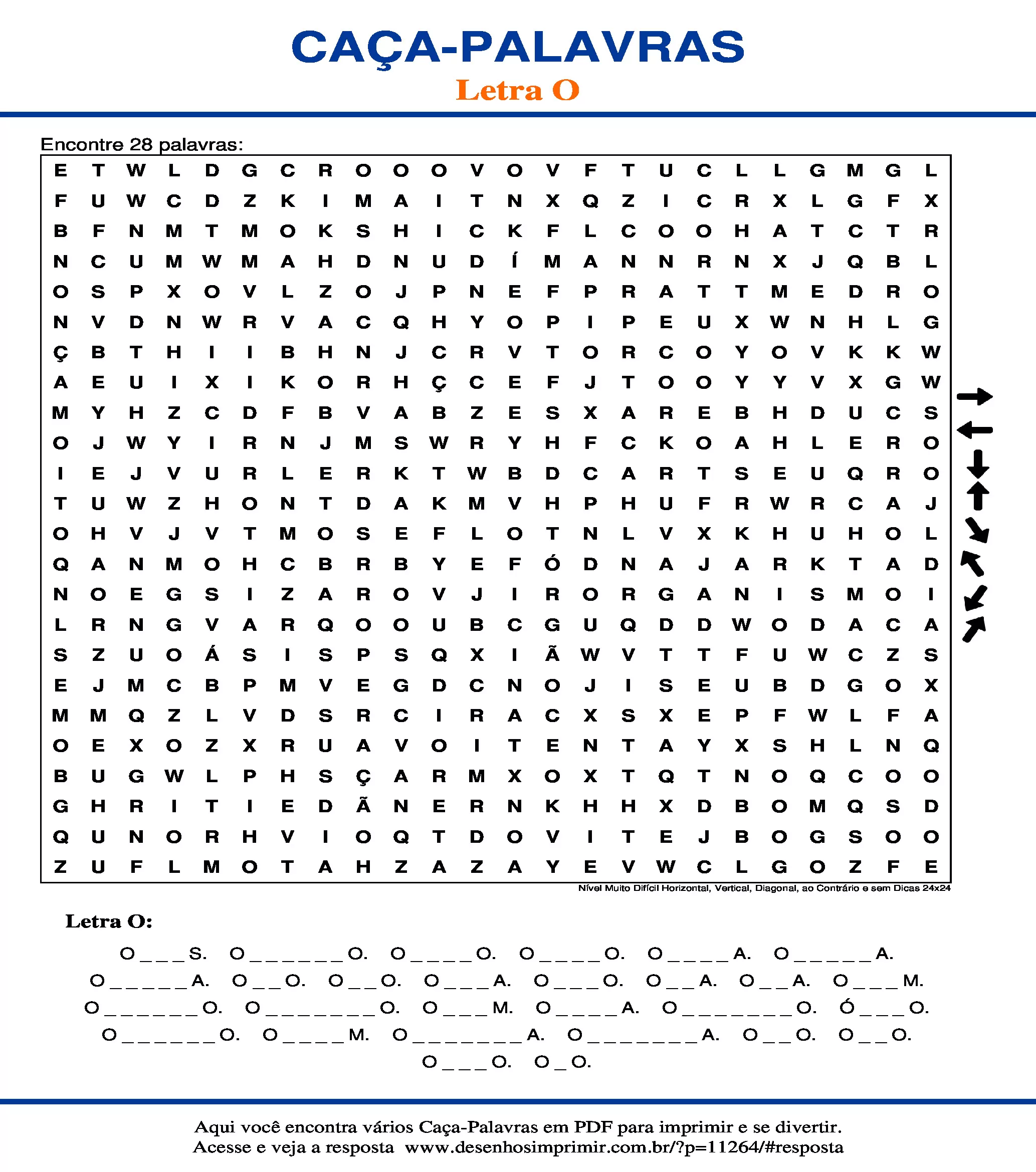 Caça Palavras Nível Muito Difícil Horizontal, Vertical, Diagonal, ao Contrário e sem Dicas 24x24