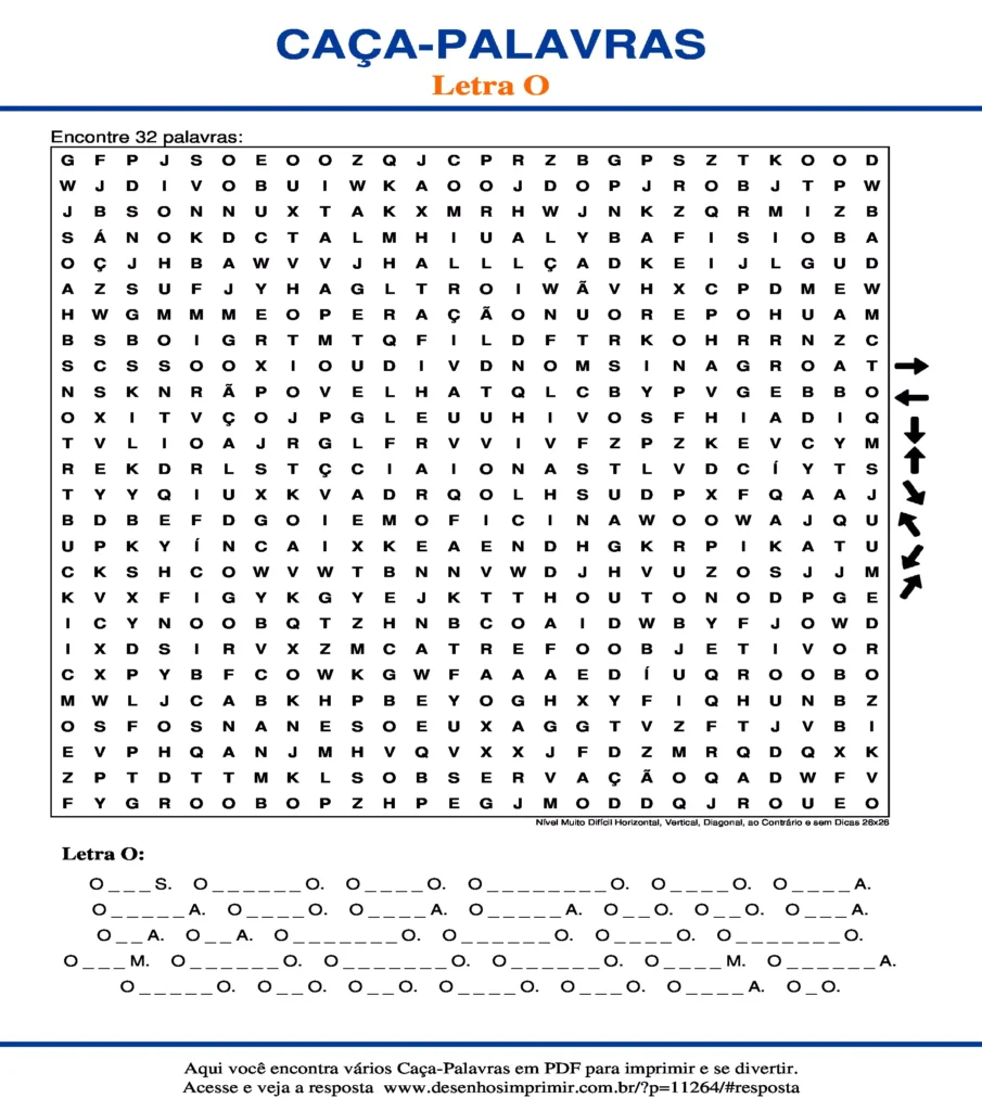 Letra Nível Muito Difícil Horizontal, Vertical, Diagonal, ao Contrário e sem Dicas 26x26 caça palavras Caça Palavras da Letra Nível Muito Difícil Horizontal, Vertical, Diagonal, ao Contrário e sem Dicas 26x26 O para imprimir