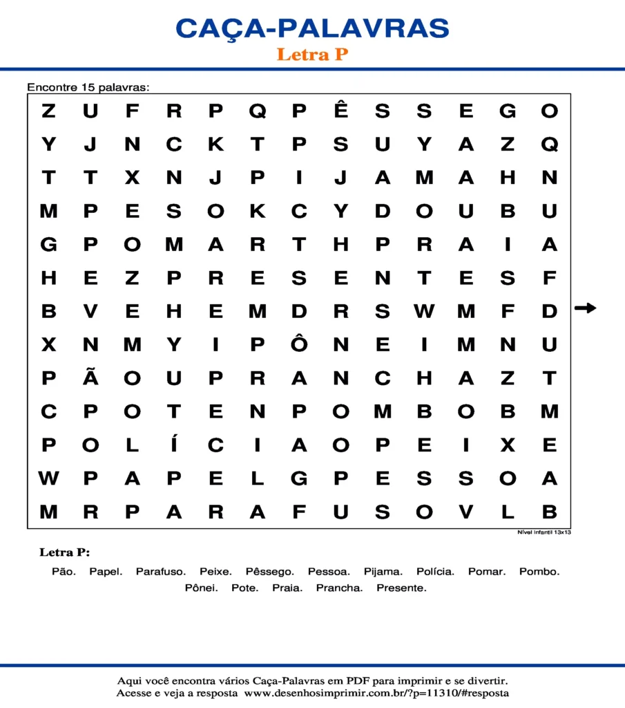 Letra P Nível Infantil 13x13 caça palavras Caça Palavras da Letra P Nível Infantil 13x13 para imprimir