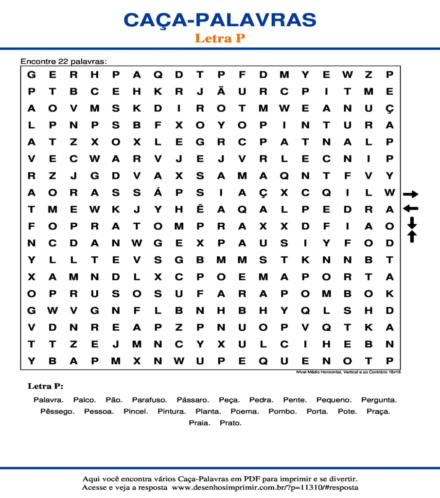 Letra P Nível Médio Horizontal, Vertical e ao Contrário 18x18 caça palavras Caça Palavras da Letra P Nível Médio Horizontal, Vertical e ao Contrário 18x18 para imprimir