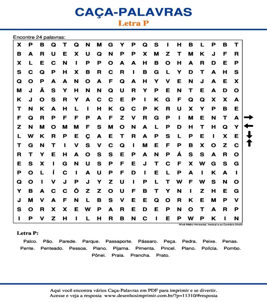 Letra P Nível Médio Horizontal, Vertical e ao Contrário 20x20 caça palavras Caça Palavras da Letra P Nível Médio Horizontal, Vertical e ao Contrário 20x20 para imprimir