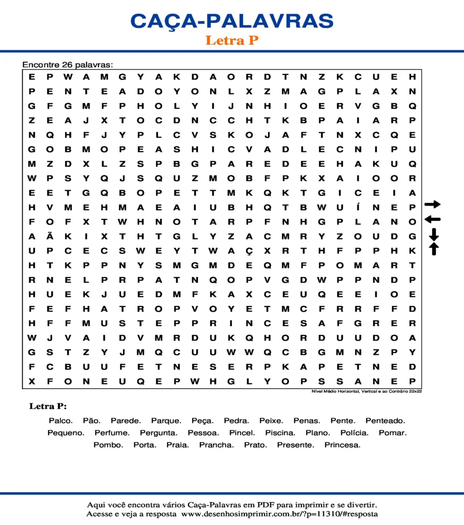 Letra P Nível Médio Horizontal, Vertical e ao Contrário 22x22 caça palavras Caça Palavras da Letra P Nível Médio Horizontal, Vertical e ao Contrário 22x22 para imprimir
