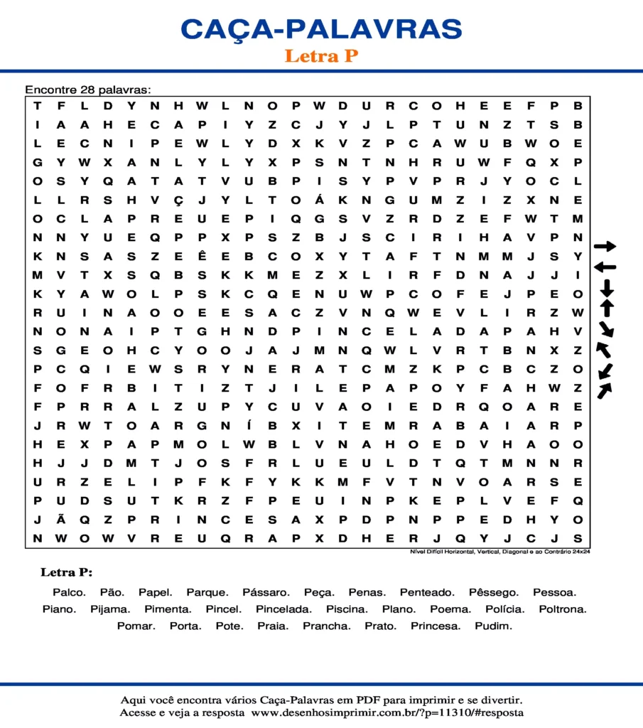 Letra P Nível Difícil Horizontal, Vertical, Diagonal e ao Contrário 24x24 caça palavras Caça Palavras da Letra P Nível Difícil Horizontal, Vertical, Diagonal e ao Contrário 24x24 para imprimir