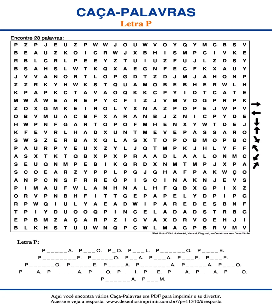 Letra P Nível Muito Difícil Horizontal, Vertical, Diagonal, ao Contrário e sem Dicas 24x24 caça palavras Caça Palavras da Letra P Nível Muito Difícil Horizontal, Vertical, Diagonal, ao Contrário e sem Dicas 24x24 para imprimir