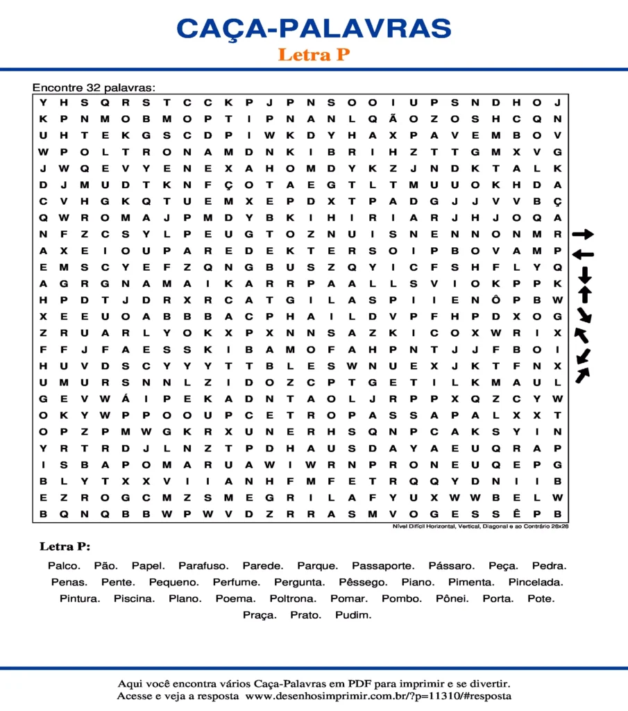 Letra P Nível Difícil Horizontal, Vertical, Diagonal e ao Contrário 26x26 caça palavras Caça Palavras da Letra P Nível Difícil Horizontal, Vertical, Diagonal e ao Contrário 26x26 para imprimir