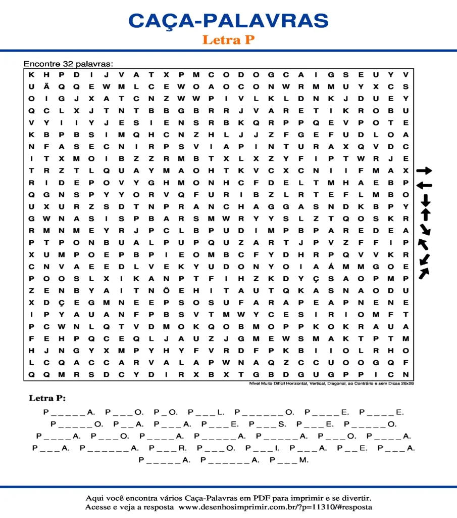 Letra P Nível Muito Difícil Horizontal, Vertical, Diagonal, ao Contrário e sem Dicas 26x26 caça palavras Caça Palavras da Letra P Nível Muito Difícil Horizontal, Vertical, Diagonal, ao Contrário e sem Dicas 26x26 para imprimir