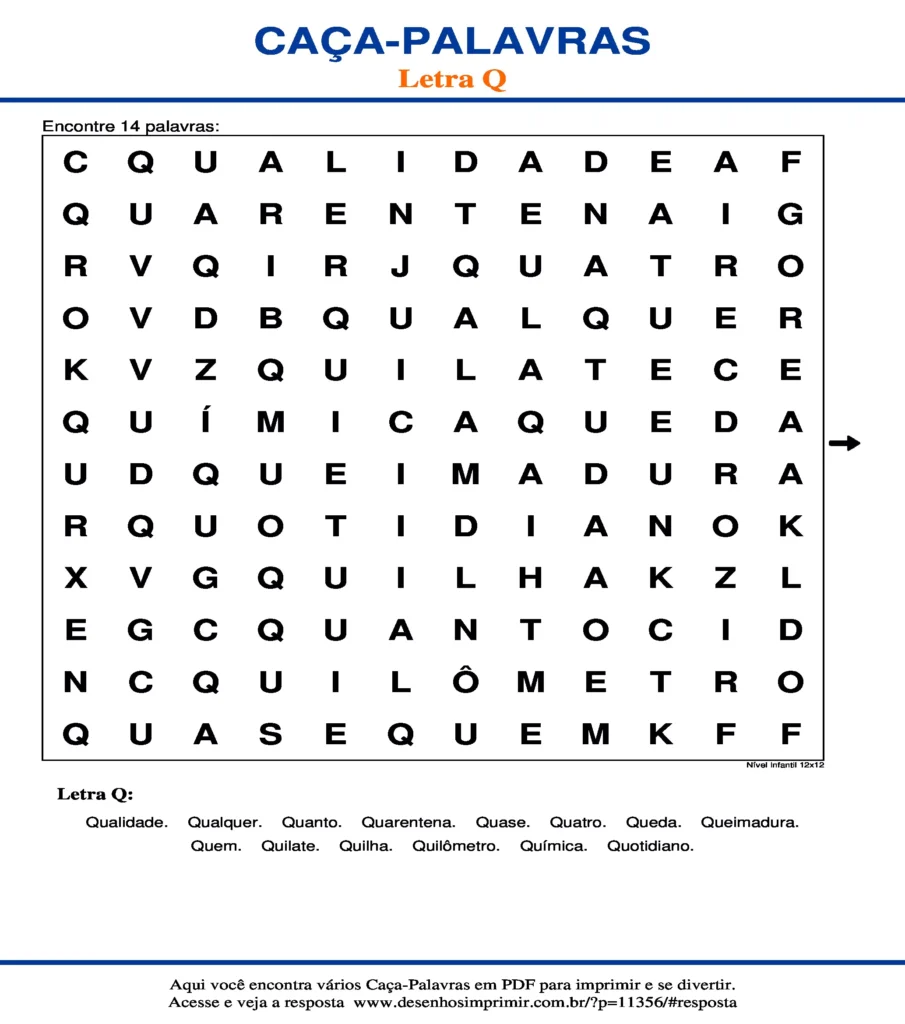 Letra Q Nível Infantil 12x12 caça palavras Caça Palavras da Letra Q Nível Infantil 12x12 para imprimir
