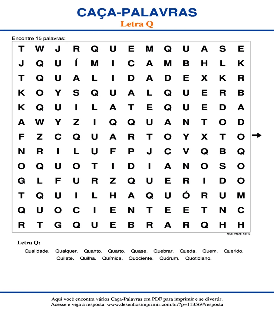 Letra Q Nível Infantil 13x13 caça palavras Caça Palavras da Letra Q Nível Infantil 13x13 para imprimir