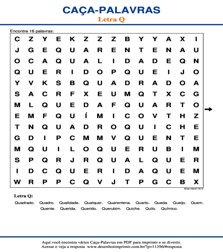 Letra Q Nível Infantil 14x14 caça palavras Caça Palavras da Letra Q Nível Infantil 14x14 para imprimir